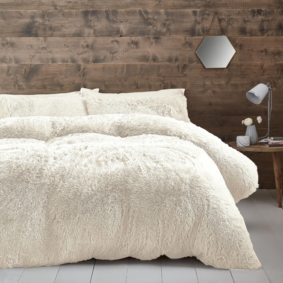 Catherine Lansfield Cuddly Deep Pile Faux Fur Duvet Cover Set Cream Super King - Image 8
