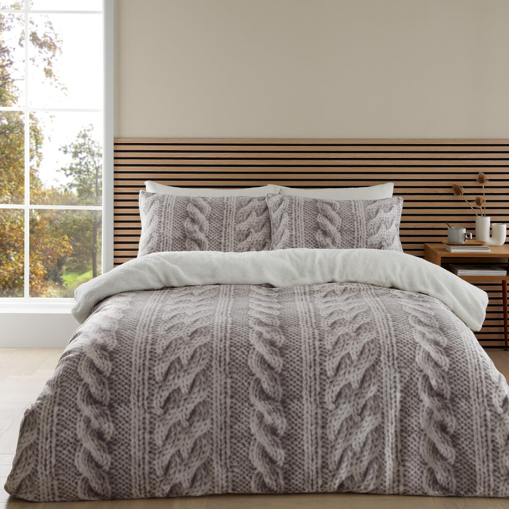 Catherine Lansfield Cosy Warm Cable Knit Fleece Single Duvet Cover Set with Pillowcase Cream