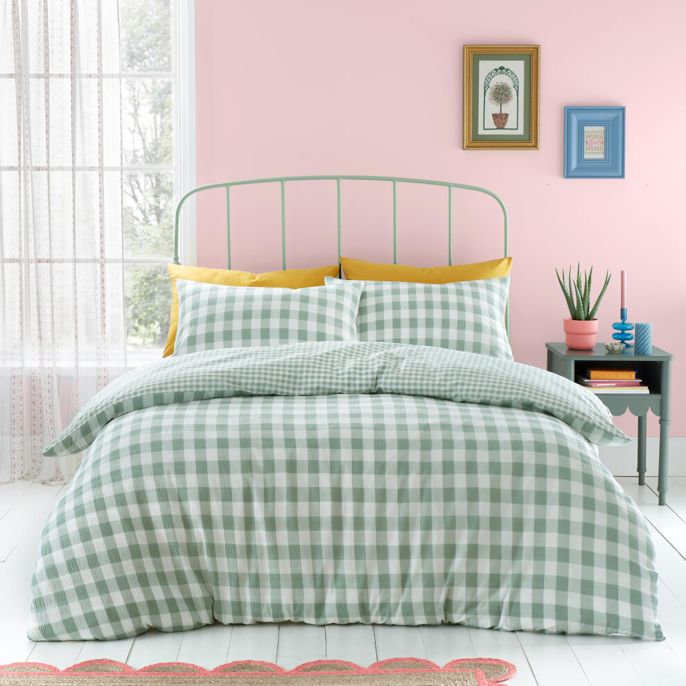 Catherine Lansfield Seersucker Gingham Check Double Duvet Cover Set Green