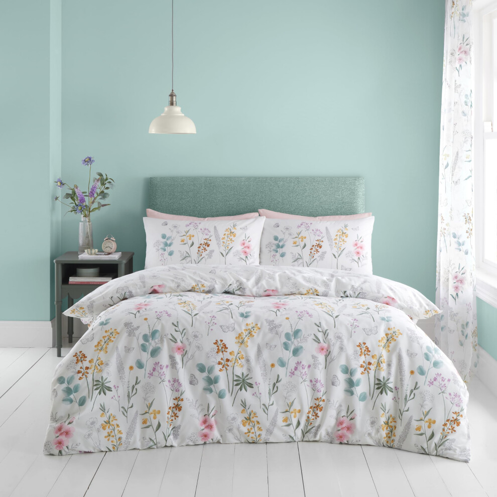Catherine Lansfield Emilia Floral Reversible Double Duvet Cover Set with Pillowcases White Green
