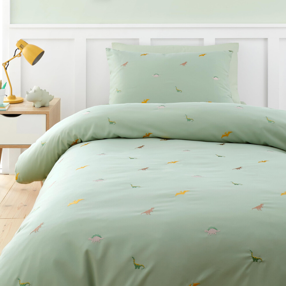 Catherine Lansfield Embroidered Dinosaur Double Duvet Cover Set Green
