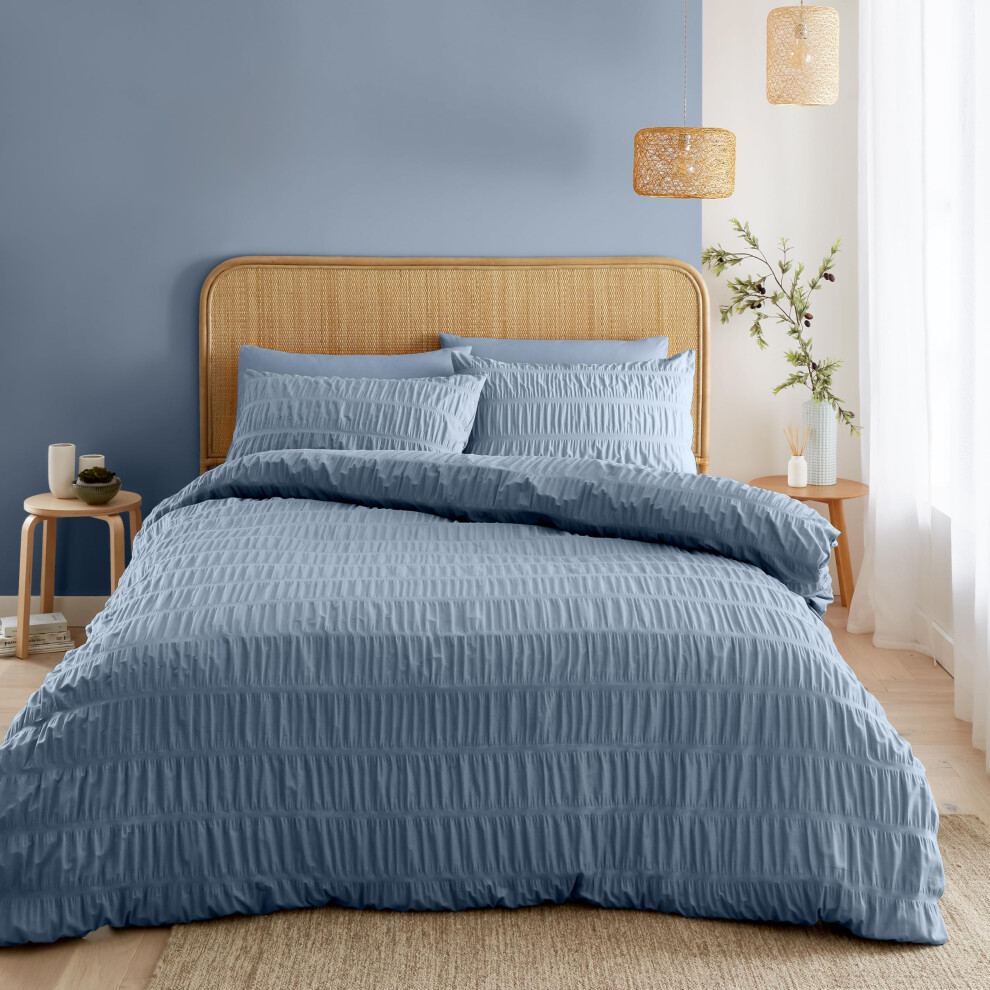 Catherine Lansfield Seersucker Double Duvet Cover Set With Pillowcases Blue