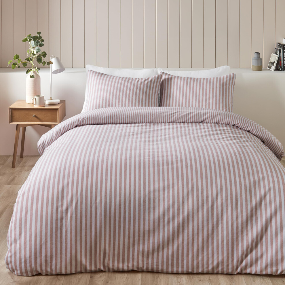 Catherine Lansfield Brushed Stripe Cotton Reversible Single Duvet Cover Set with Pillowcase Blush Pink
