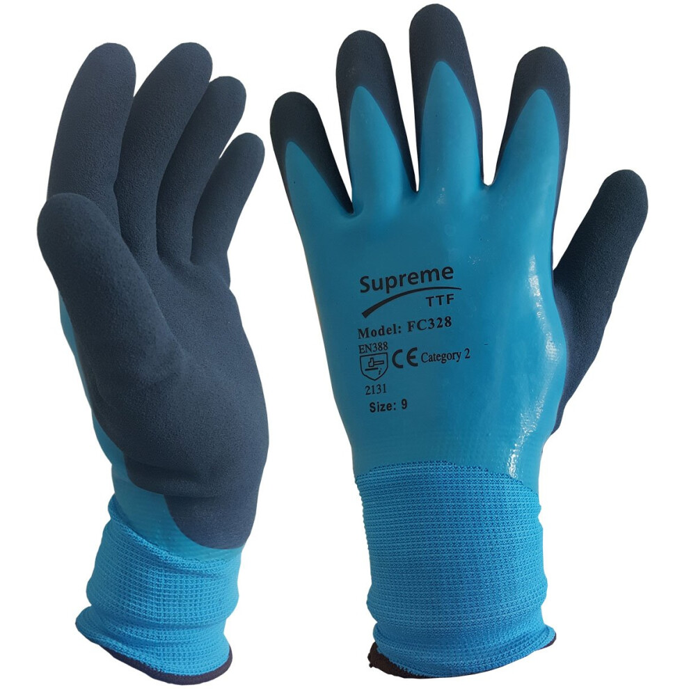 Essential Workwear Blue Aqua Waterproof Fully Latex Coated Nylon Safety Work Gloves Builders Gardening (Medium)
