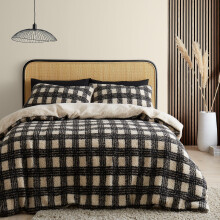 Catherine Lansfield Cosy Borg Sherpa Check Single Duvet Cover Set with Pillowcase Natural