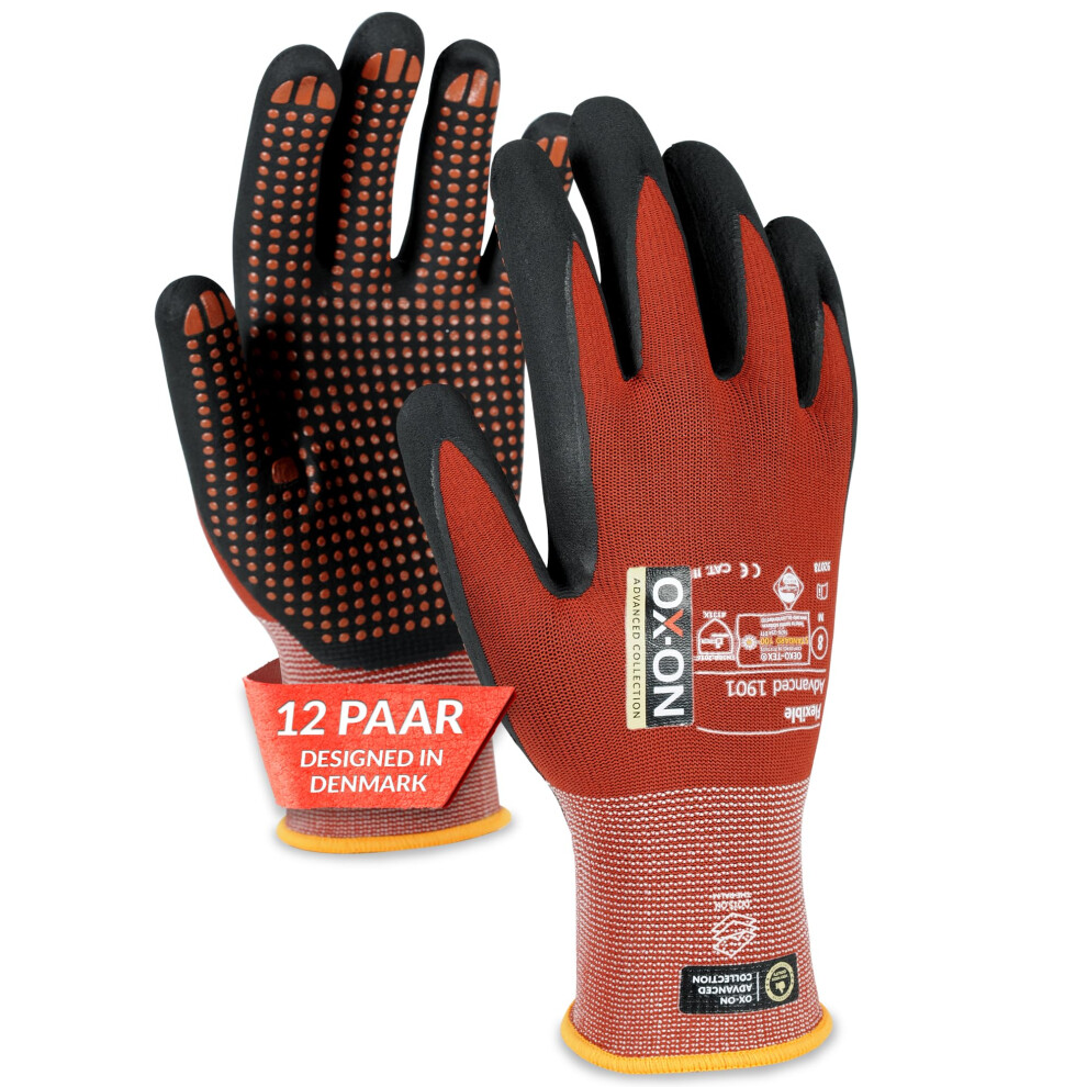 Ox-On Flexible Advanced 1901 Red Work Gloves, Extremely Durable Safety Gloves, Secure Precise Grip, Protective & Comfortable Nitrile Gloves, Dotted 5708233225782