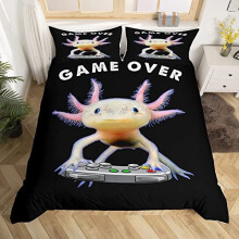 Axolotl Comforter Cover, Cute Axolotl Play Gamer Bedding Set Double For Kids Boys Teens Games Room Decor, Mexican Animal Duvet Cover Aquatic Reptile