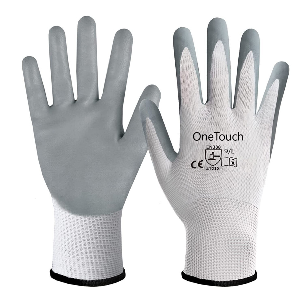 A406 12 Pairs White Work Gloves, Nitrile Coated Safety Work Gloves, Work Gloves Suitable For General Duty Builders Gloves, Nitrile Coated Gloves 5060875664894