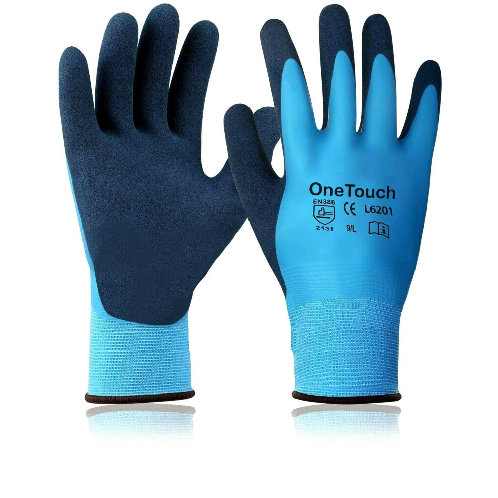 A406 5 Pairs Blue Waterproof Fully Latex Coated Nylon Safety Work Gloves Heavy Duty Grip Gloves Winter Gloves Builder Gloves (Small/7) 5060875666706