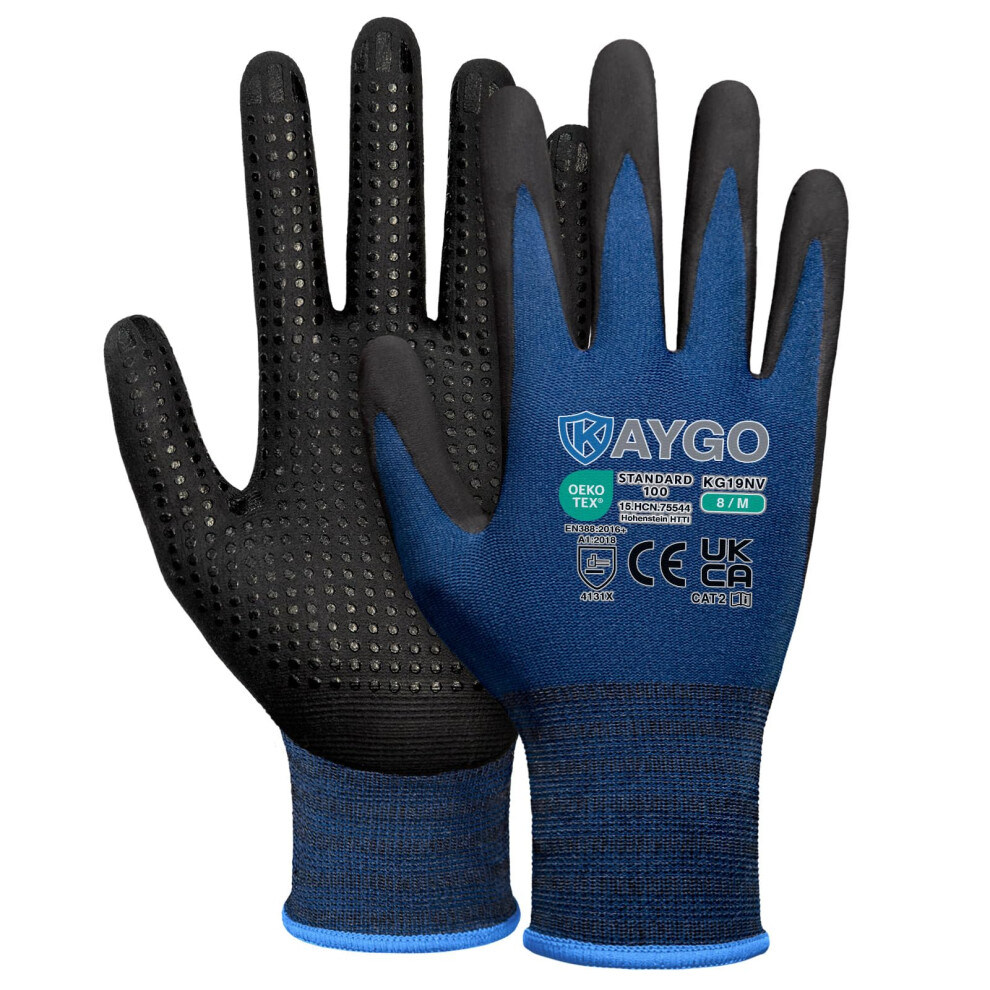 Kaygo Light Work Gloves With Grip Dots On Palm For Anti-Slip, Kg19n, Microfoam Nitrile Coated Oil Compatible, Seamless Knit Nylon Gripper Work Gloves