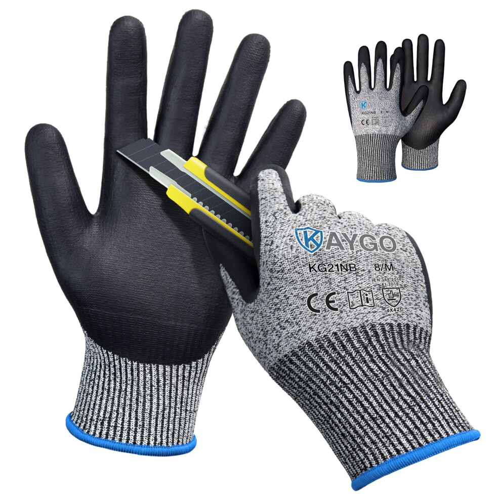 Kaygo Cut Resistant Work Gloves - 2 Pairs, Level C Protection, Microfoam Nitrile Coated Good Grip Machine Washable, Cut Proof Safety Gloves En388 6975045662053