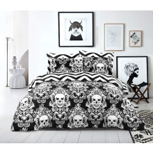 MK Home Textile King Size Duvet Cover Set Black Skull Reversible Cotton Bedding White Stripe Quilt Covers with Pillow Cases Double King SuperKing Bed