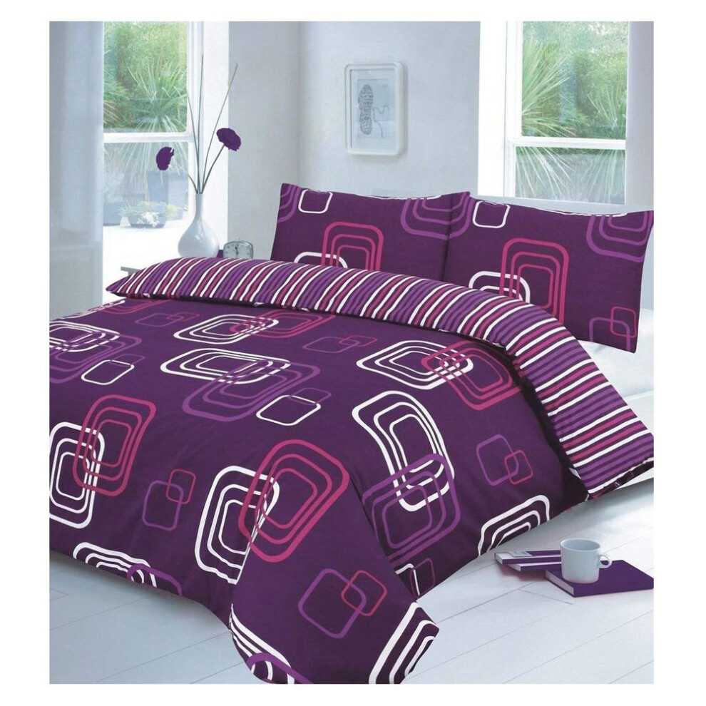 De Lavish Duvet Cover Set Double With Pillowcases Quilt Reversible Poly Cotton, Blake Plum