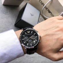EMPORIO ARMANI MEN'S AR2447 BLACK LEATHER STRAP BLACK DIAL SILVER CASE