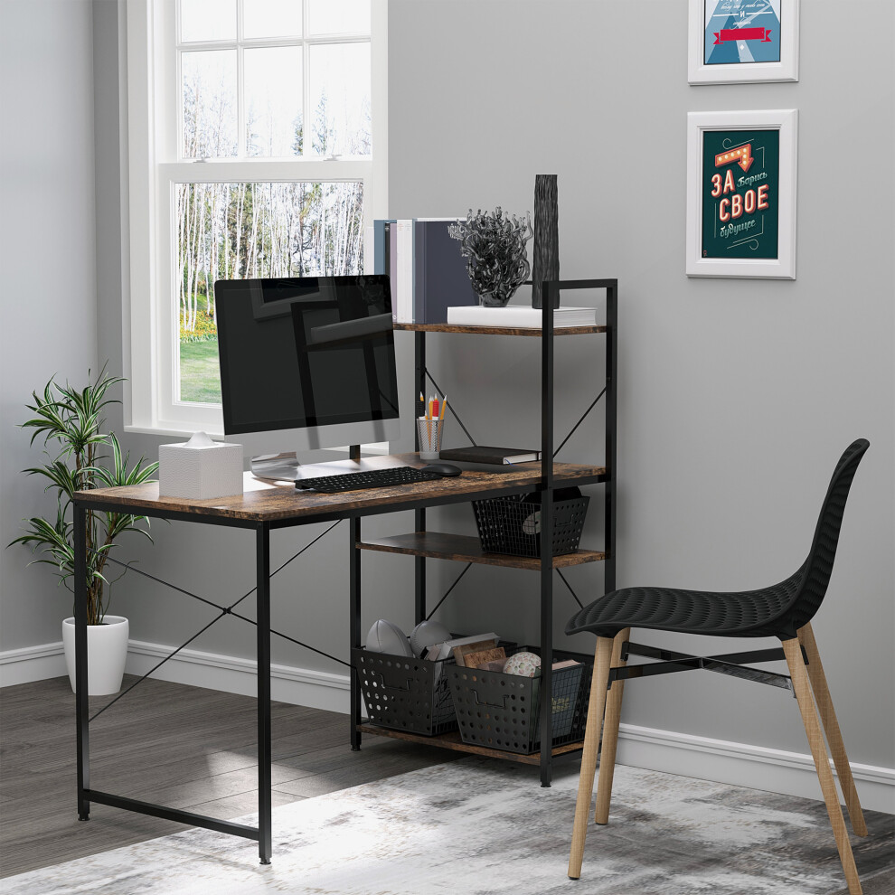 Homcom Brown Computer Desk Laptop Table W/4-Tier Bookshelf Metal Frame - Rustic - Image 4