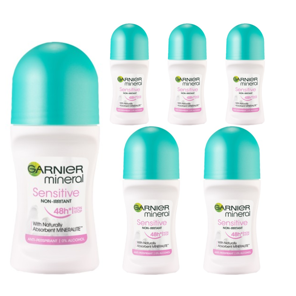 (6 x Sensitive ) 6 x 50ml Garnier Mineral Women Roll On Anti Perspirant Deodorant (6 Types)