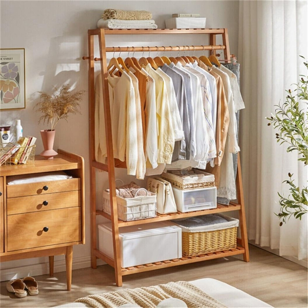 (Design 3) Bamboo hanger: Free standing hanger with 3 storage shelves 10 hooks Portable open wardrobe Clothes storage and organiser