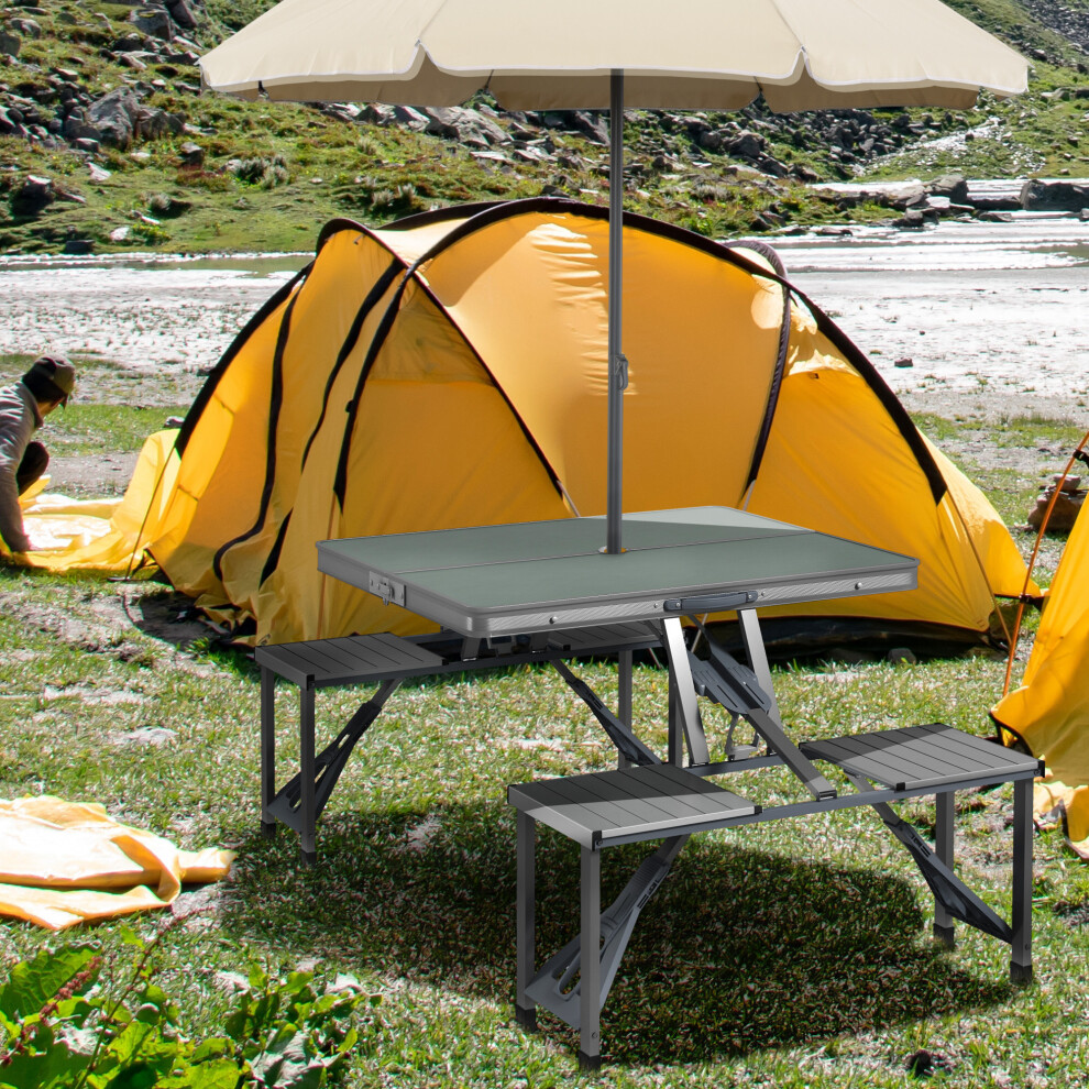 Outsunny Folding Camping Picnic Table with 4 Seats and Umbrella Hole, Grey