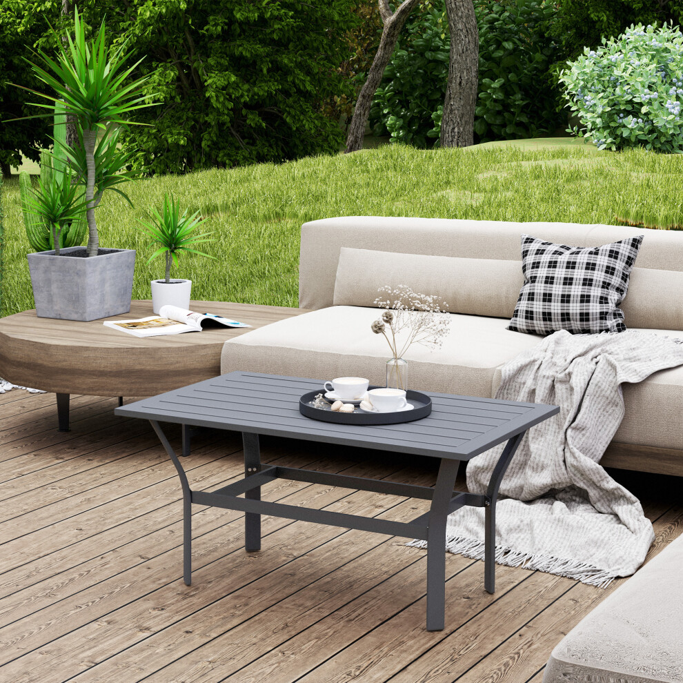 Outsunny Metal Garden Coffee Table With Slatted Tabletop, Dark Grey Brown,Grey