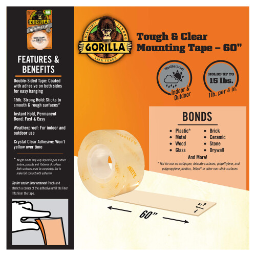 Gorilla Gorilla Tough & Clear, Διπλής Όψης Ταινία Στερέωσης, Αδιάβροχη, 1" x 60", Διαφανής, (Συσκευασία 2) 2