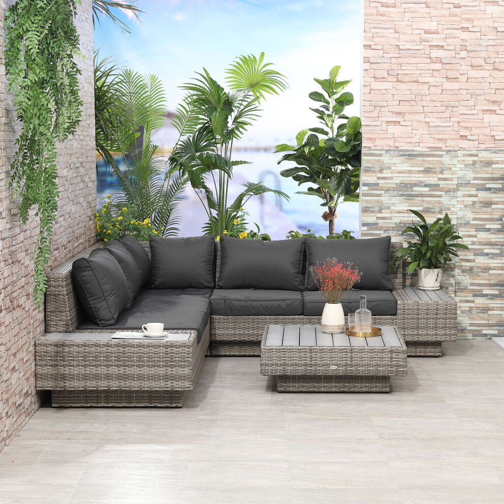 Outsunny 4Pcs Rattan Sofa Set Garden Furniture Set With Armrest Cushions Grey