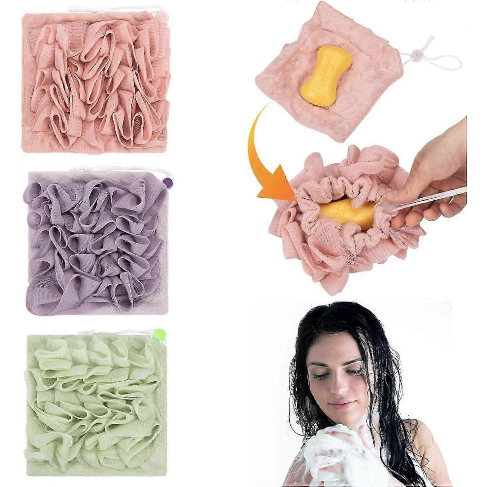 (3pcs Set A) 3Pcs Wash Cloth Loofah Combo - The Soft Loofah and Washcloth 2 in 1 Bath Loofah Sponge - For Cleansing and Smooth Skin, Shower Supplies