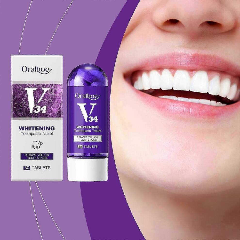 Purple (60 Tablets) V34 Brightening Toothpaste Tablets, Toothpaste Tablets, Chewable Toothpaste Tablets For Teeth Whitening, Freshen Breath