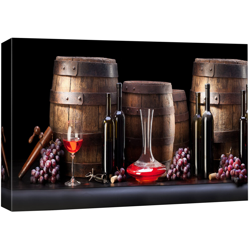 Impression sur toile SIGNFORD - Vin rouge avec flacons, raisins rouges et tonneaux, boissons, cocktails, photographie, art moderne, chic, pittore