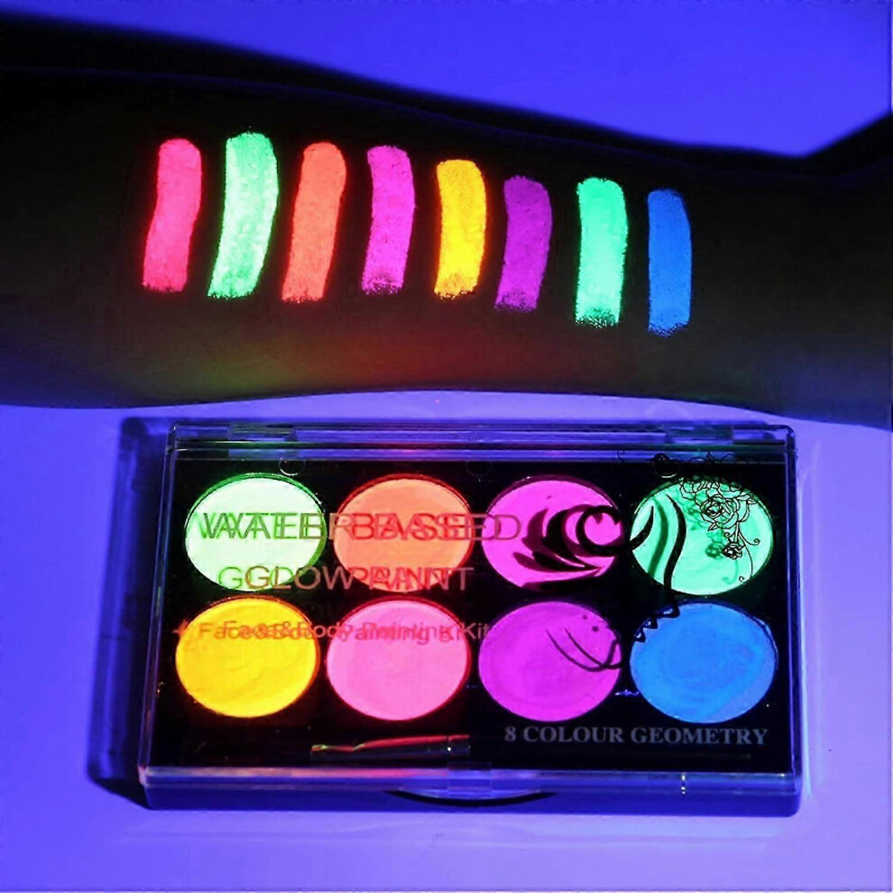 (1 Box) Glow Uv Blacklight Face Paint, 8 Bright Colors Neon Fluorescent Body Painting Palette, Water Activated Eyeliner, Water Based Glow In The Dark