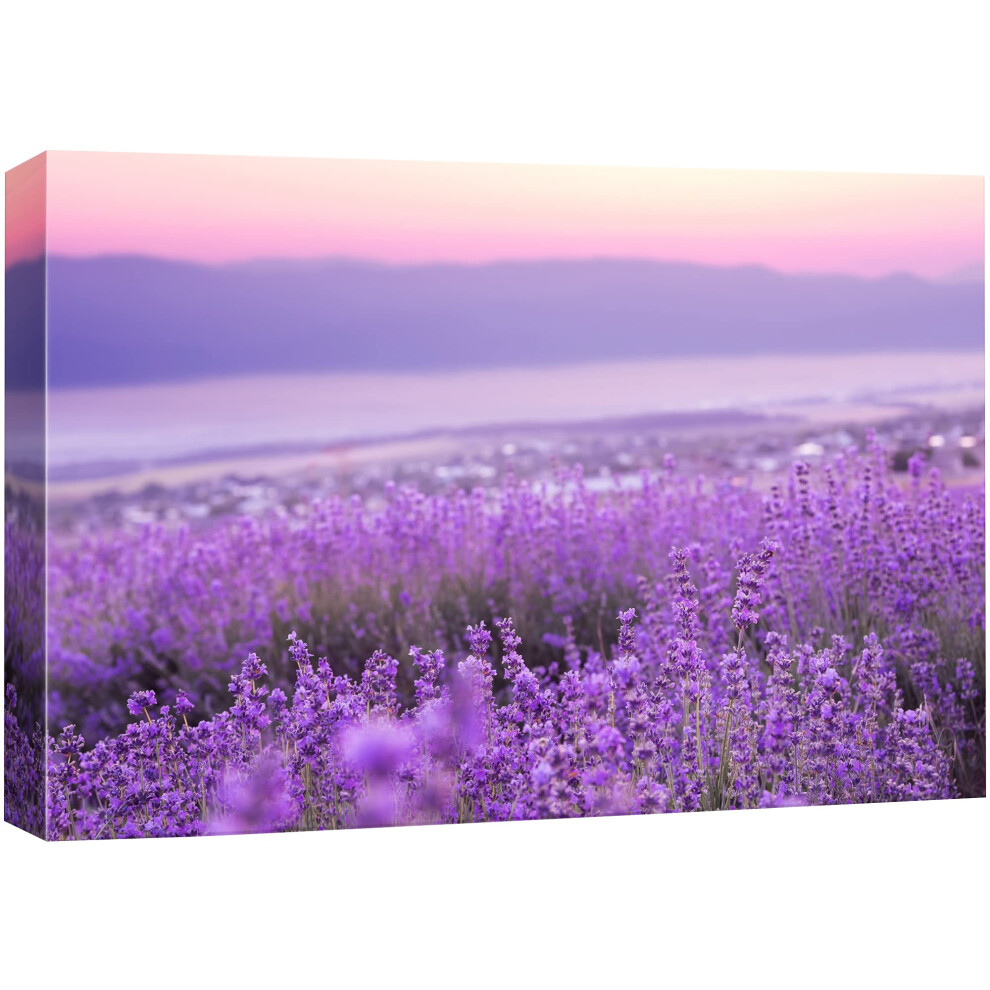Impression sur toile SIGNFORD - Fleurs de lavande avec cha   ne de montagnes violettes - Photographie de plantes florales - Art moderne - Paysage r
