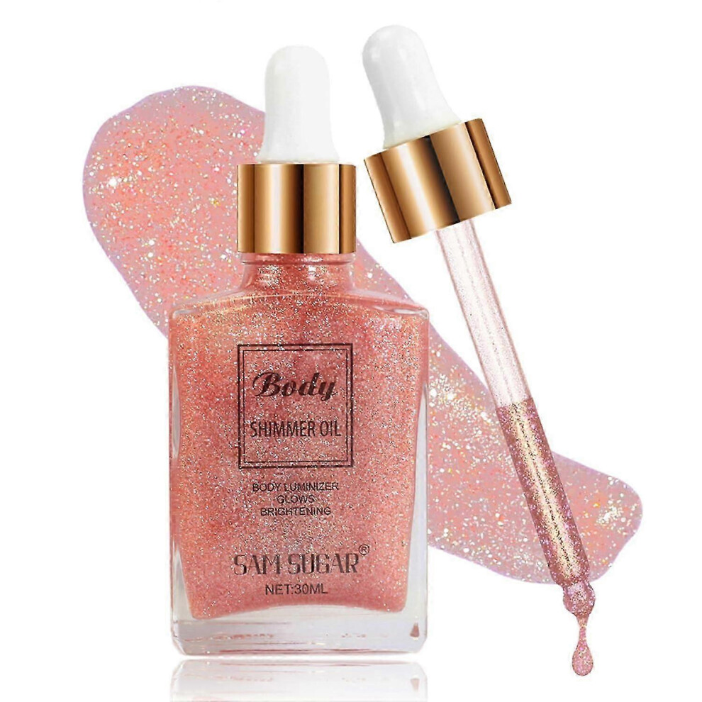 (Rose Gold) Body Shimmer Oil, Face Brighten Glow Highlighter Body Makeup Shine Glitter Gold Liquid, 30ml Liquid Illuminator Body Highlighter