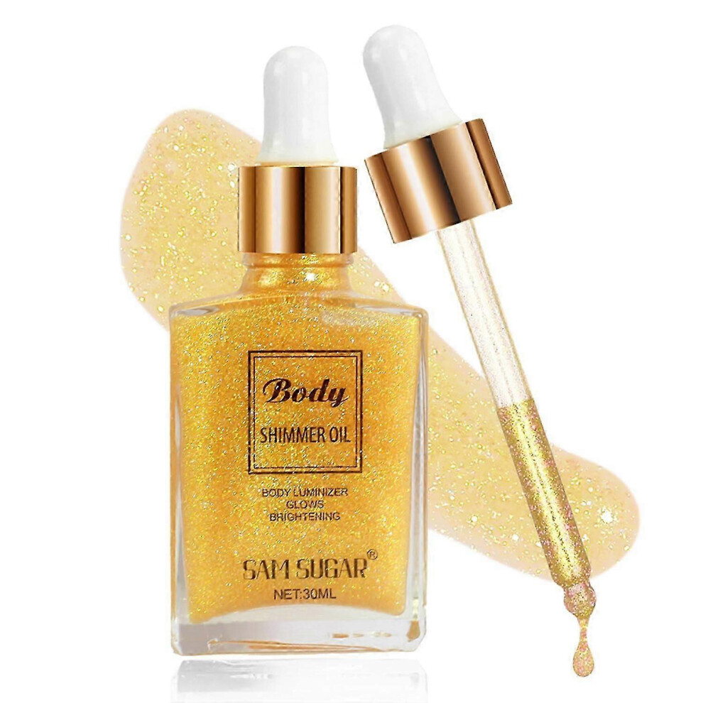 (Gold) Body Shimmer Oil, Face Brighten Glow Highlighter Body Makeup Shine Glitter Gold Liquid, 30ml Liquid Illuminator Body Highlighter