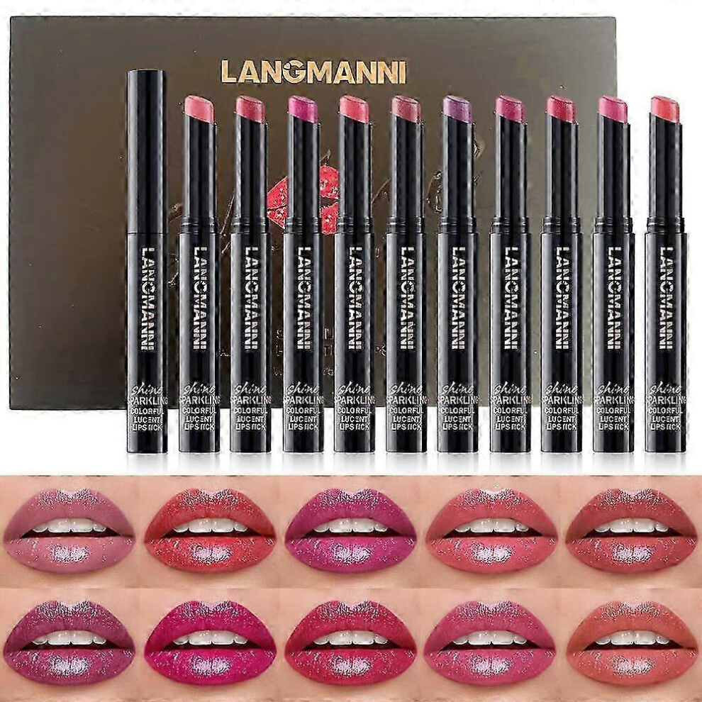 10Pcs Set Sparkling Lipstick Lip Gloss, Long Lasting Waterproof Moisturizer Lip Balm Glitter Shimmer Metallic Lipstick for Women Girls