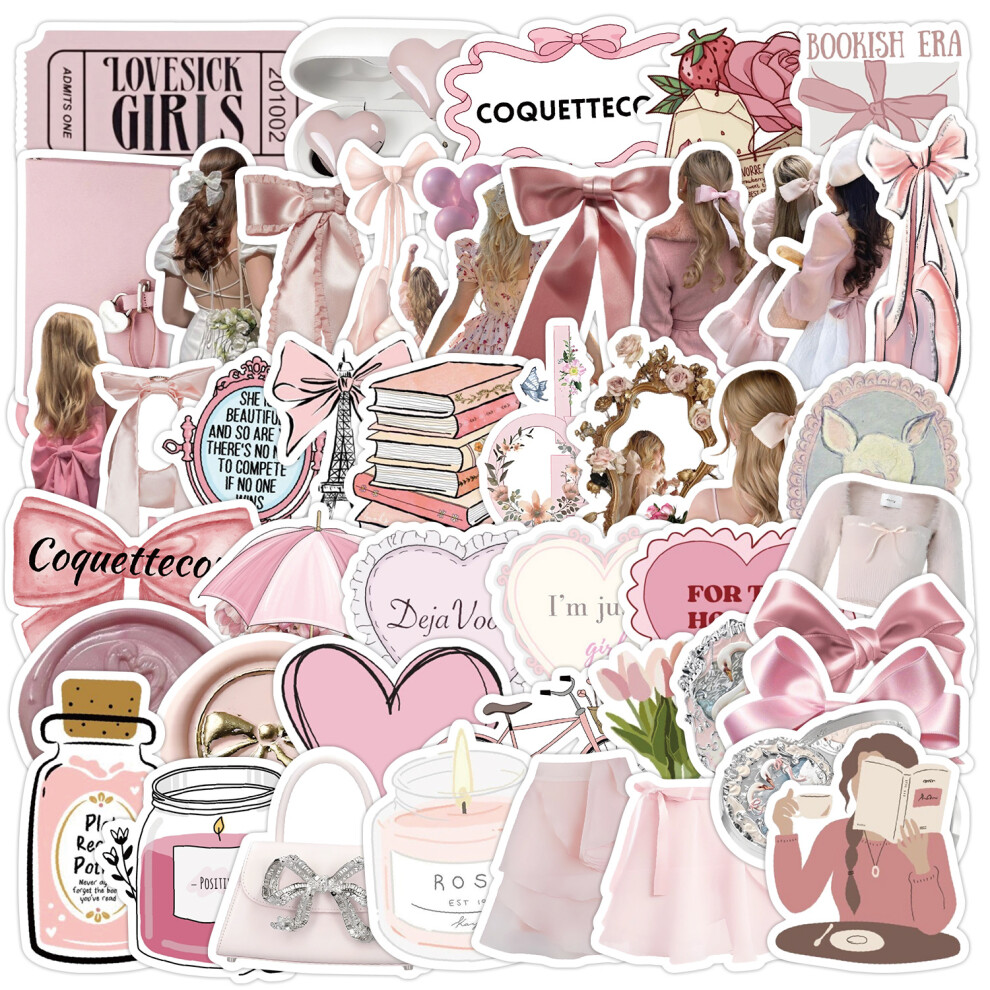 (Multicolor) 50Pcs Cute Coquette Stickers Ins Style Diy Stickers Scrapbooking Phone Luggage Skateboard Waterproof Decals Pink