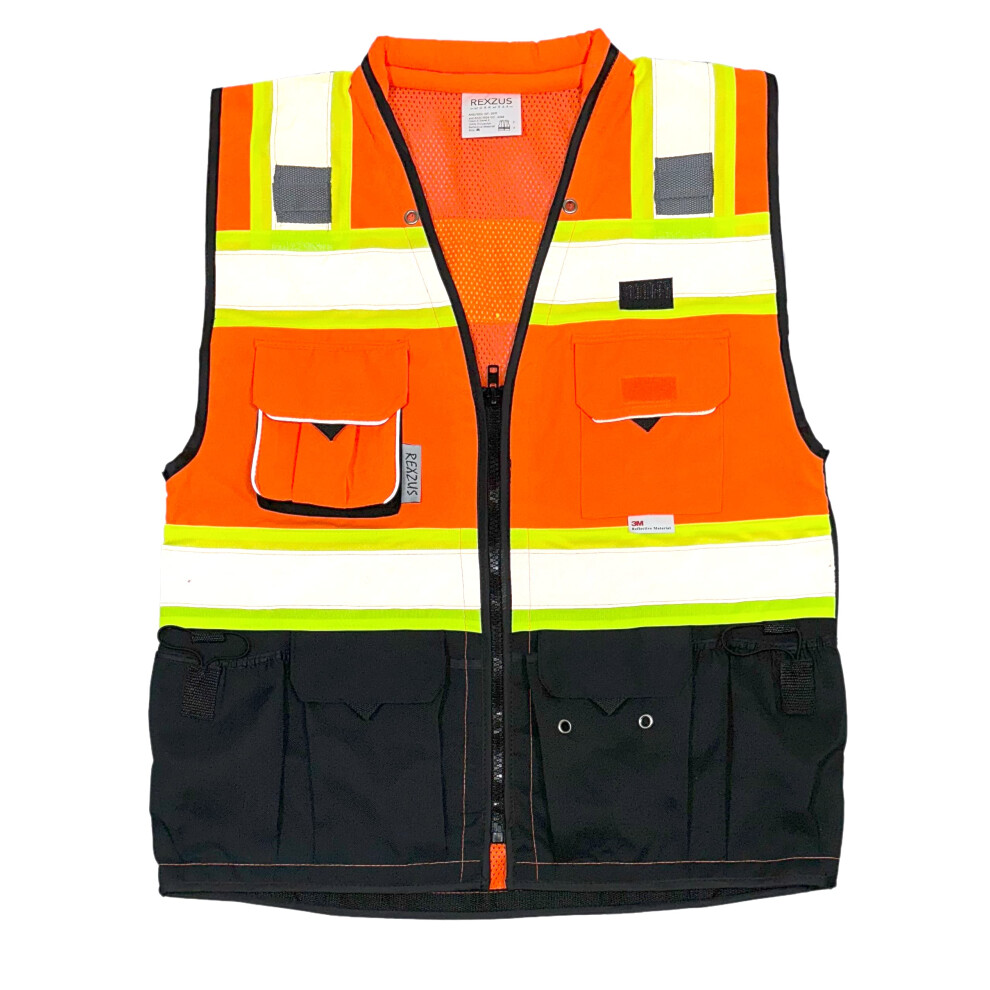 REXZUS (c Vest Mens class 2 Black Series Safety Vest With Zipper and Utility Pockets Premium Black Series Surveyors Vest (XX-Large  OrangeBlack)-image-OPC-PFXWQ92-NEW