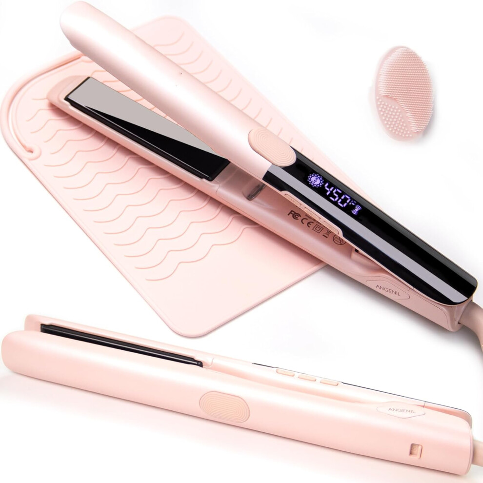 (2.5 cm) Dual Voltage Straightening and Curling Iron in One, 15s Fast Heating, Negative Ion Round Pink Hair Straightener with Heat Resistant Silicone Mat Pad