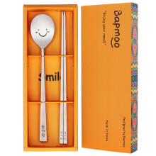 BAPMOO Korean Chopsticks and Spoon Set Combinations Reusable Long Handle Metal Stainless Steel Good for Gift Happy Face & Hangul Characters
