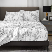 HYPREST Floral Sheets Queen Size 18 inches Deep Pocket Sheets 1800 Thread Count Black and White Leaf Floral Bed Sheets Soft Breathable Cute Aesthetic
