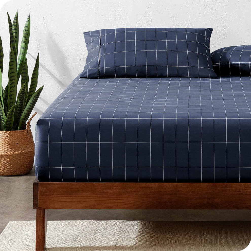 Drap-housse Bare Home Queen Size - Microfibre Premium 1800 - Ultra-doux, luxueux, avec poche profonde - R   sistant et durable (Queen Grid - Bleu n
