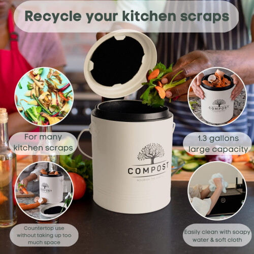 Perfnique Kitchen Compost Bin 13 Galloni Compost Bin da banco con coperchio Compost Bin per interni Include rivestimento interno e 2