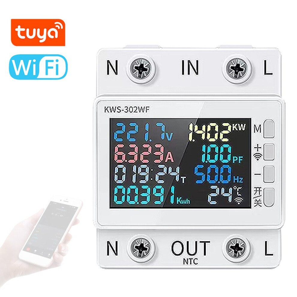 Tuya Wifi 8In1 Power Meter Color Screen 2P Multi-Function Ac Energy Meter 170-270V/63A Voltage And Current Meter Standard Rail Mounting 6942424338755