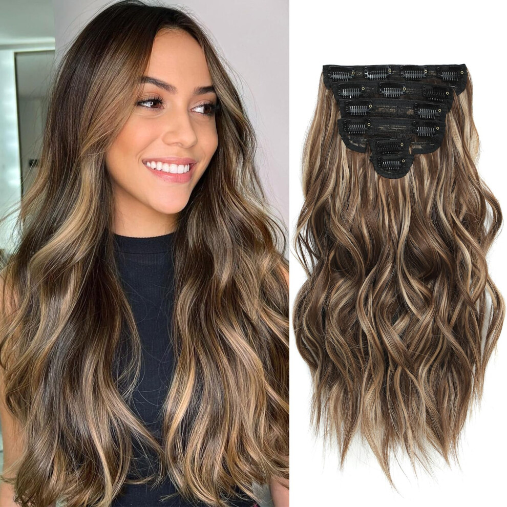 Vliegen Unisex Brown Fliace Highlight Balayage Dark Hairpieces Natural & Blends Well Clip In Hair Extensions (16Inch 6Pcs Chocolate &Honey Blonde)