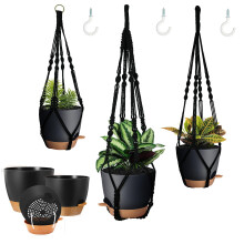 Bouqlife 3 Pack Auto-arrosage plantes suspendues Plantes de plante de macrame avec pots de fleurs interieurs 3 Panier suspendu de taille differen