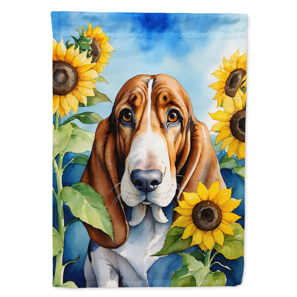 Caroline's Treasures DAC6017CHF Basset Hound In Zonnebloemen Huisvlag Grote Porch Mouw Paal Decoratieve Buiten Tuin Banner Kunstwerk Muur Hangend Pol-image