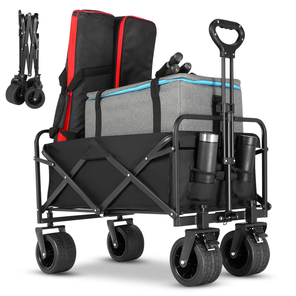 Chariot de plage pliable EVLIQUIL avec grandes roues, chariot d'   picerie pliable utilitaire tout-terrain avec poche lat   rale et freins pour