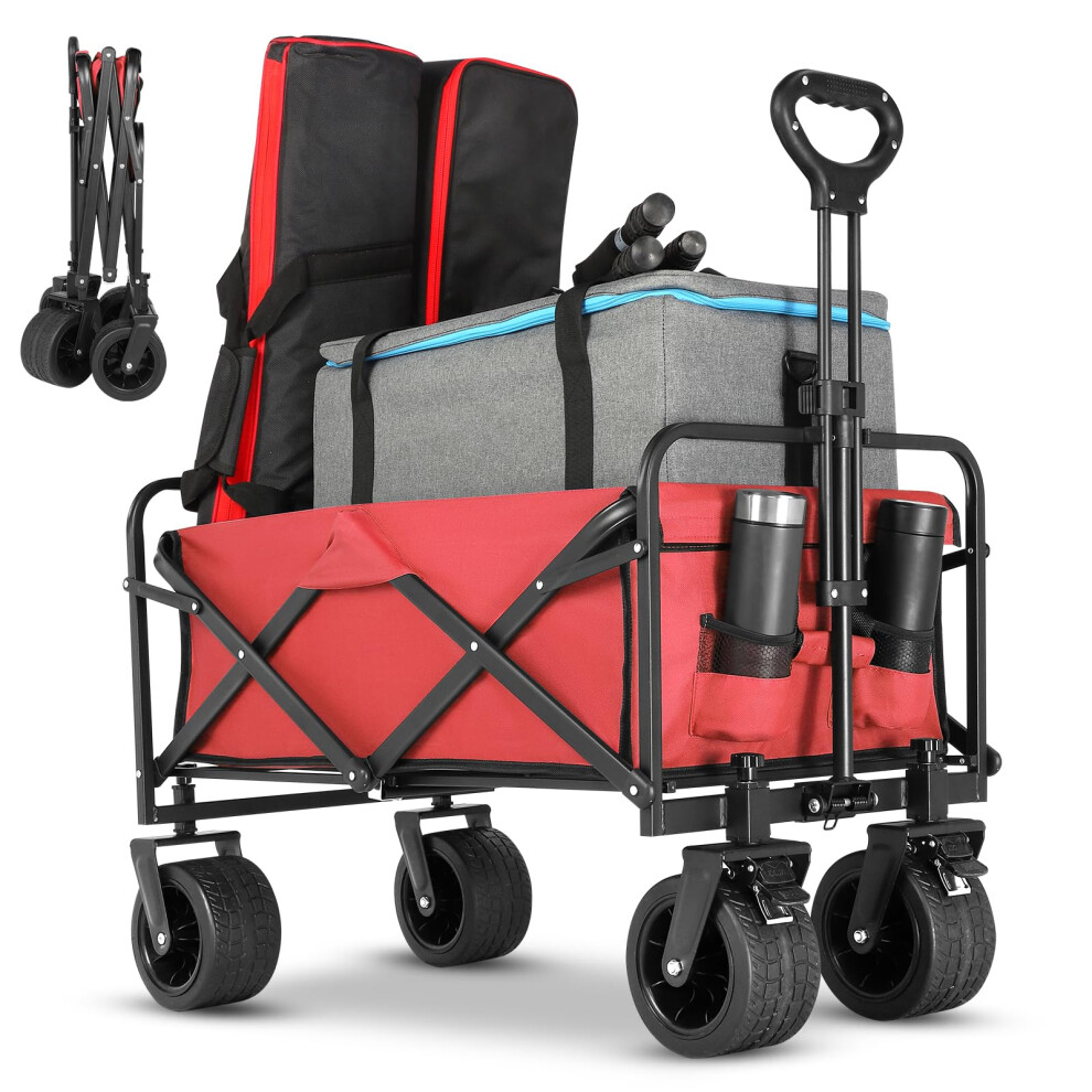 Chariot de plage pliable EVLIQUIL avec grandes roues, chariot d'   picerie pliable utilitaire tout-terrain avec poche lat   rale et freins pour