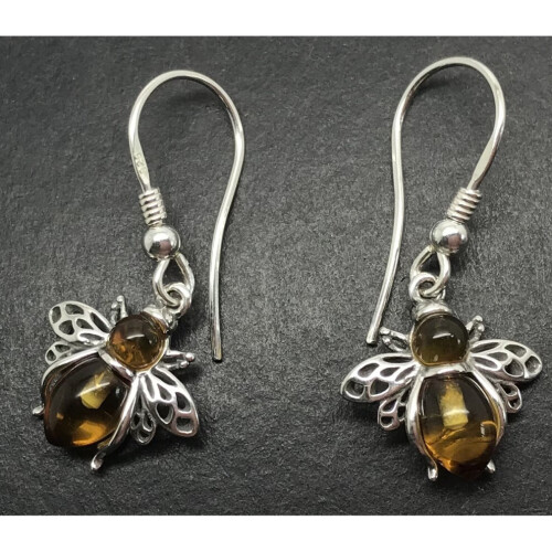 Real amber bee drop earrings, solid Sterling Silver. 2
