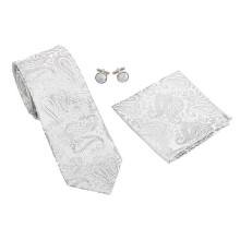(Silver, One size) Men's Classic Jaquard Tie 7 cm for Formal Meeting Wedding with Handkerchief & Cufflinks
