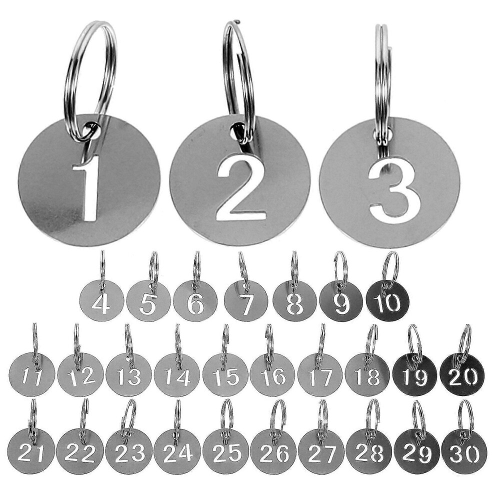 (As Show, One Size) 30Pcs Number Id Tags Key Chain Stainless Steel Numbered 1-30 Tags Round Shaped Numbered Tags 5063595934414