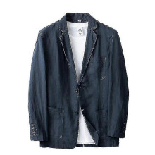 (L, Navy) Men's Linen Blazer Lightweight Jacket Coat Two Button